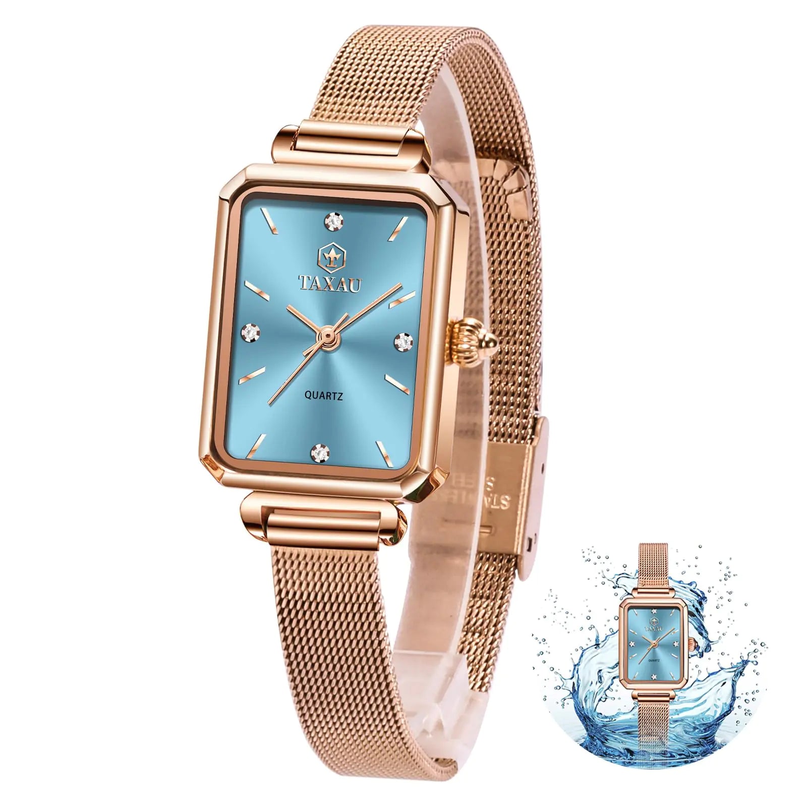 Taxau Damenuhren Quadratische Uhr Damen Blaue Uhren für Damen Luxus Zierliche Kleid Damen Armbanduhren Wasserdicht Edelstahl Damen Analoguhr Damenuhr Roségold Mesh Damenuhr