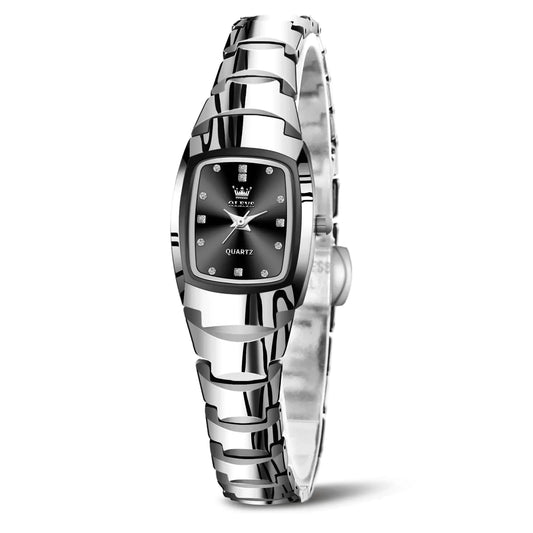 OLEVS Watches for Women Small Square Face Ladies Watches Waterproof Silver Tungsten Steel Dainty Dress Rectangle Female Womens Wrist Watches for Small Wrists Black Face