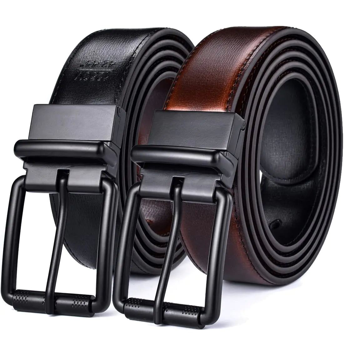 Cinturón reversible de piel auténtica Beltox para hombre, 1,25", hebilla negra giratoria, caja de regalo (cinturón negro coñac con hebilla de rodillo negra, tallas 40-42)