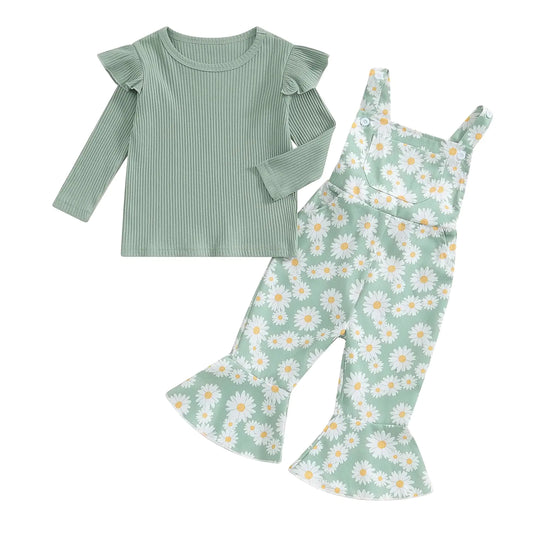 Newbgclo Toddler Girls Clothes Ribbed Long Sleeve Ruffle Tops Floral Suspender Overalls Flared Pants Set Fall Winter Outfits (C-Green 4-5T)