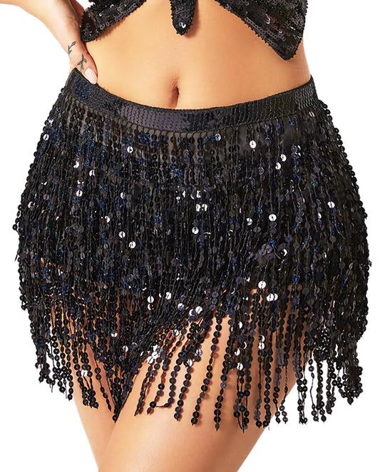 Black Sequin Tassel Skirt Wrap Skirt Belly Dance Sparkling Skirts Fringe Hip Scarf for Festival