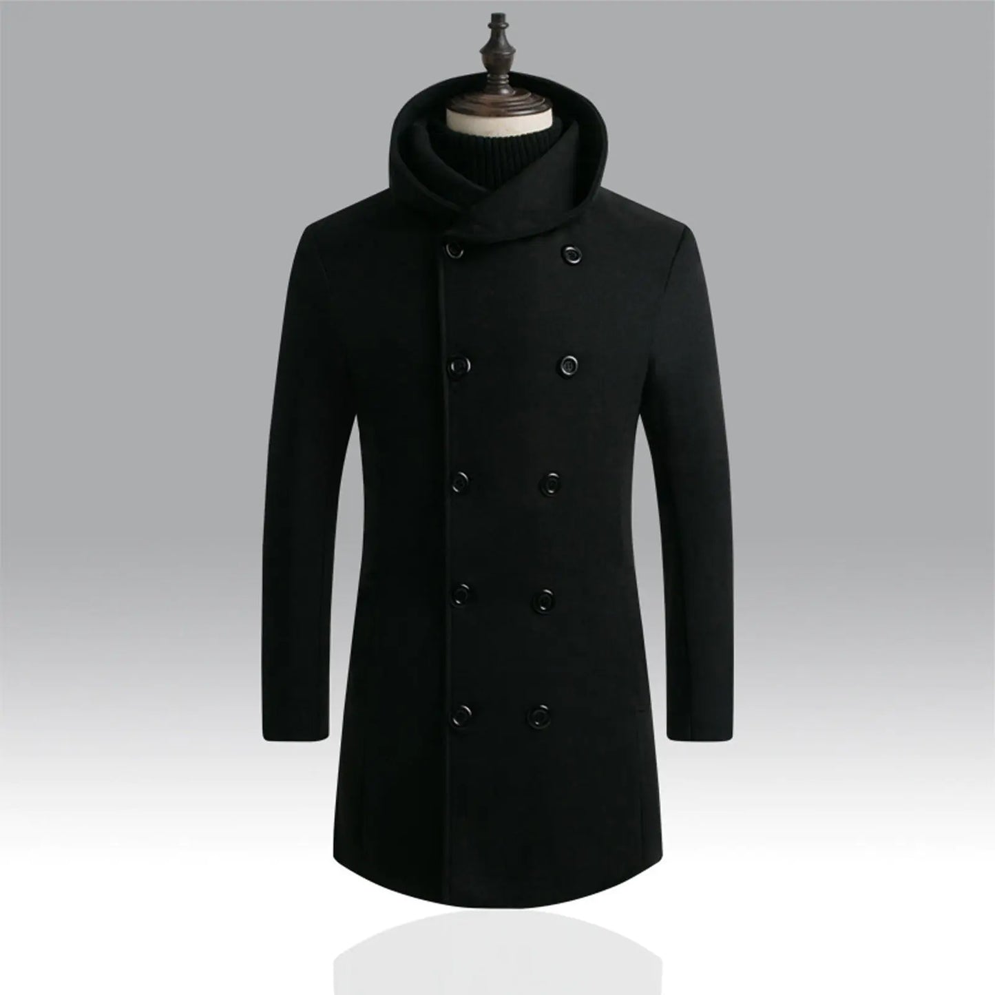 Men's Padded Hooded Mid-Length Woolen Trench Coat