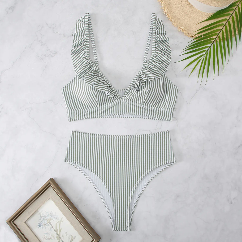 High-Waisted Women's Striped Bikini with Ruffle Straps