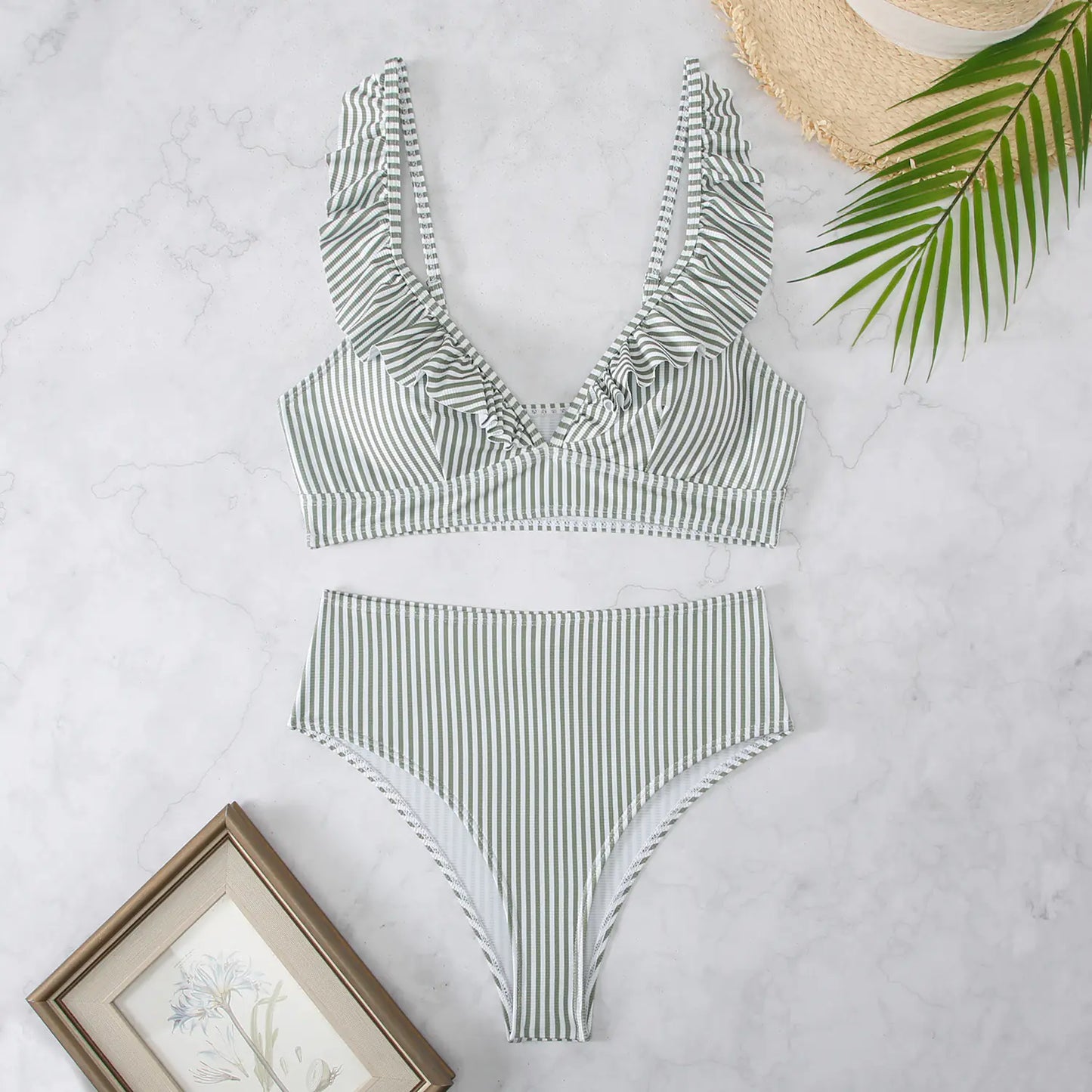 High-Waisted Women's Striped Bikini with Ruffle Straps