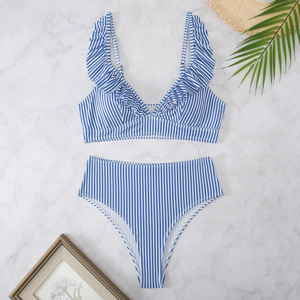 High-Waisted Women's Striped Bikini with Ruffle Straps