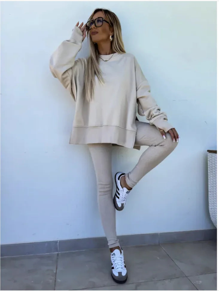 Women's Casual Sweater Set with Split Top and Tight Trousers