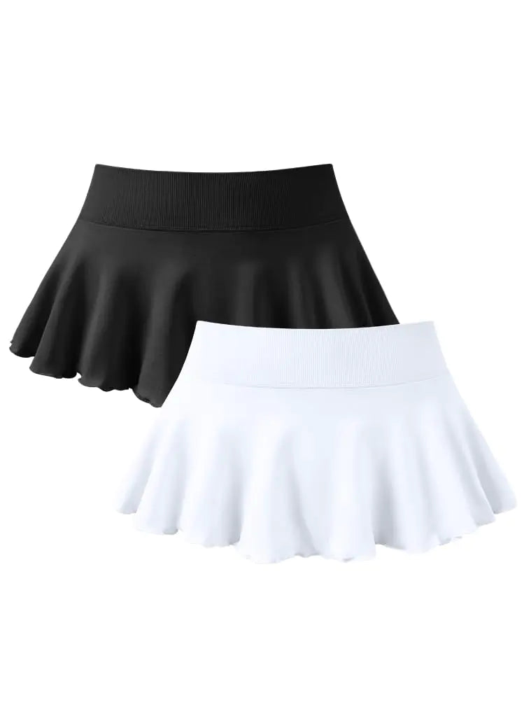 OQQ Women 2 Piece Mini Skirts 2 in 1 Flowy Sexy Basic Stretchy Flared Casual Skirts Black White