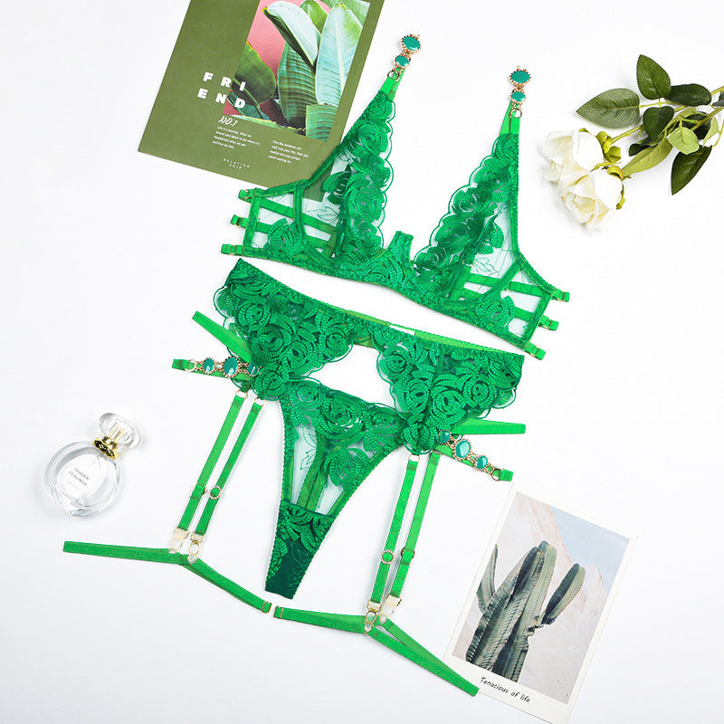 Green Radiant Gemstone Mesh Bra & Panty Set with Garter Over View
