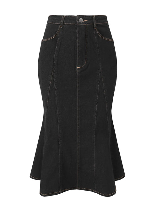 Falda vaquera informal Allegra K para mujer, cintura alta, volantes, ajustada, midi, cola de pez, talla grande, negra