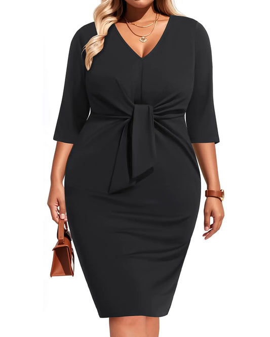 Plus Size Black Dress Funeral Women Work Cocktail Wedding Guest Business Semi Formal Midi Elegant Party Pencil Dresses