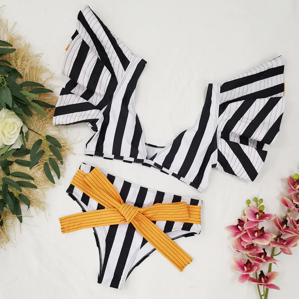 High-Waisted Striped Bikini Swimsuit