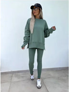 Women's Casual Sweater Set with Split Top and Tight Trousers