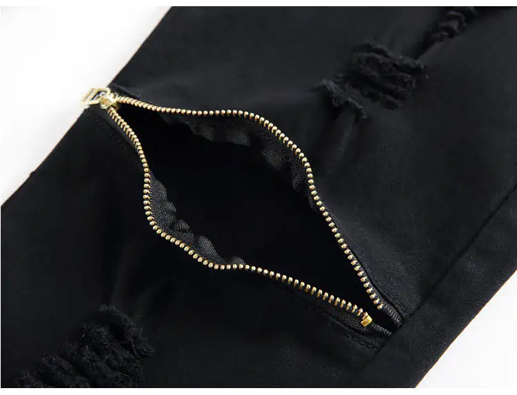 Zippered Holes Elastic Trend Denim Pants