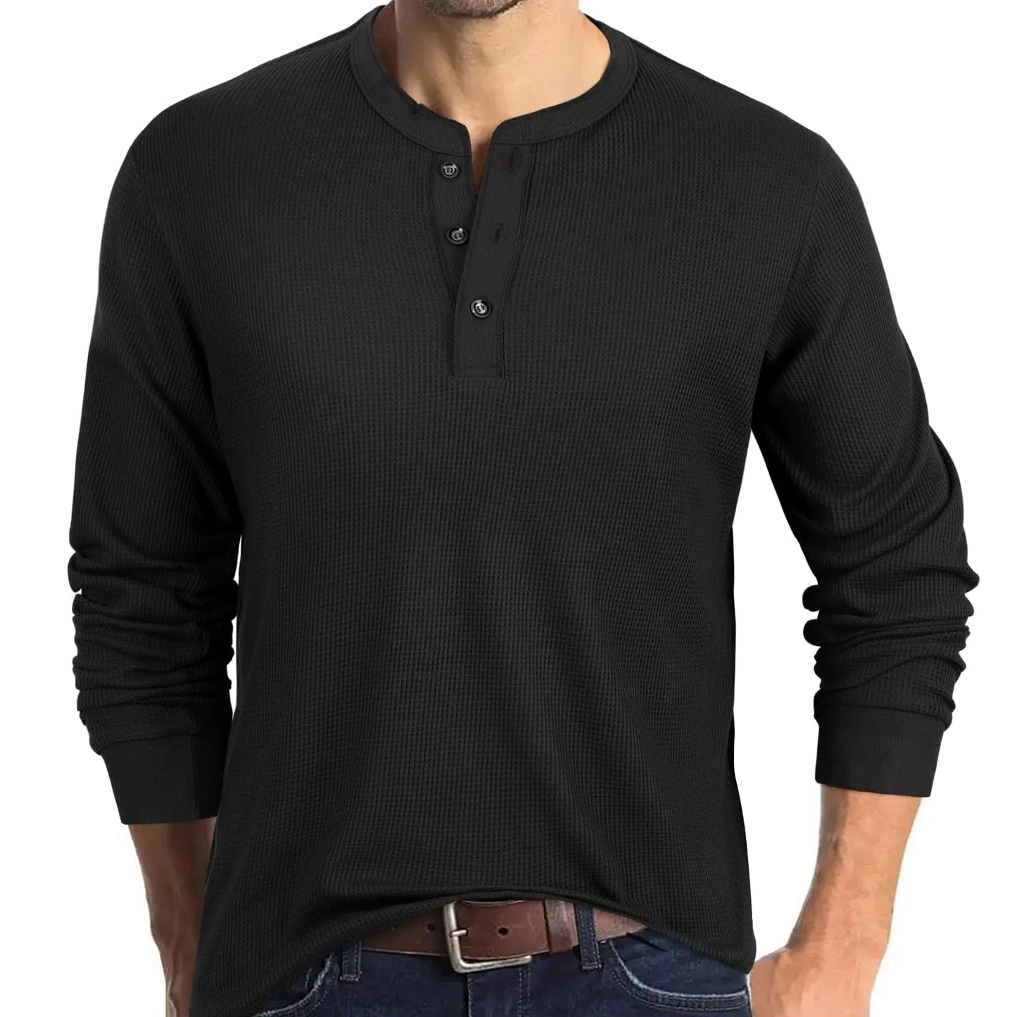 PrettyGuide Mens Fashion Henley Shirts Long Sleeve Button T-Shirt Waffle Thermal Fashion Casual Basic Tee Black XXL