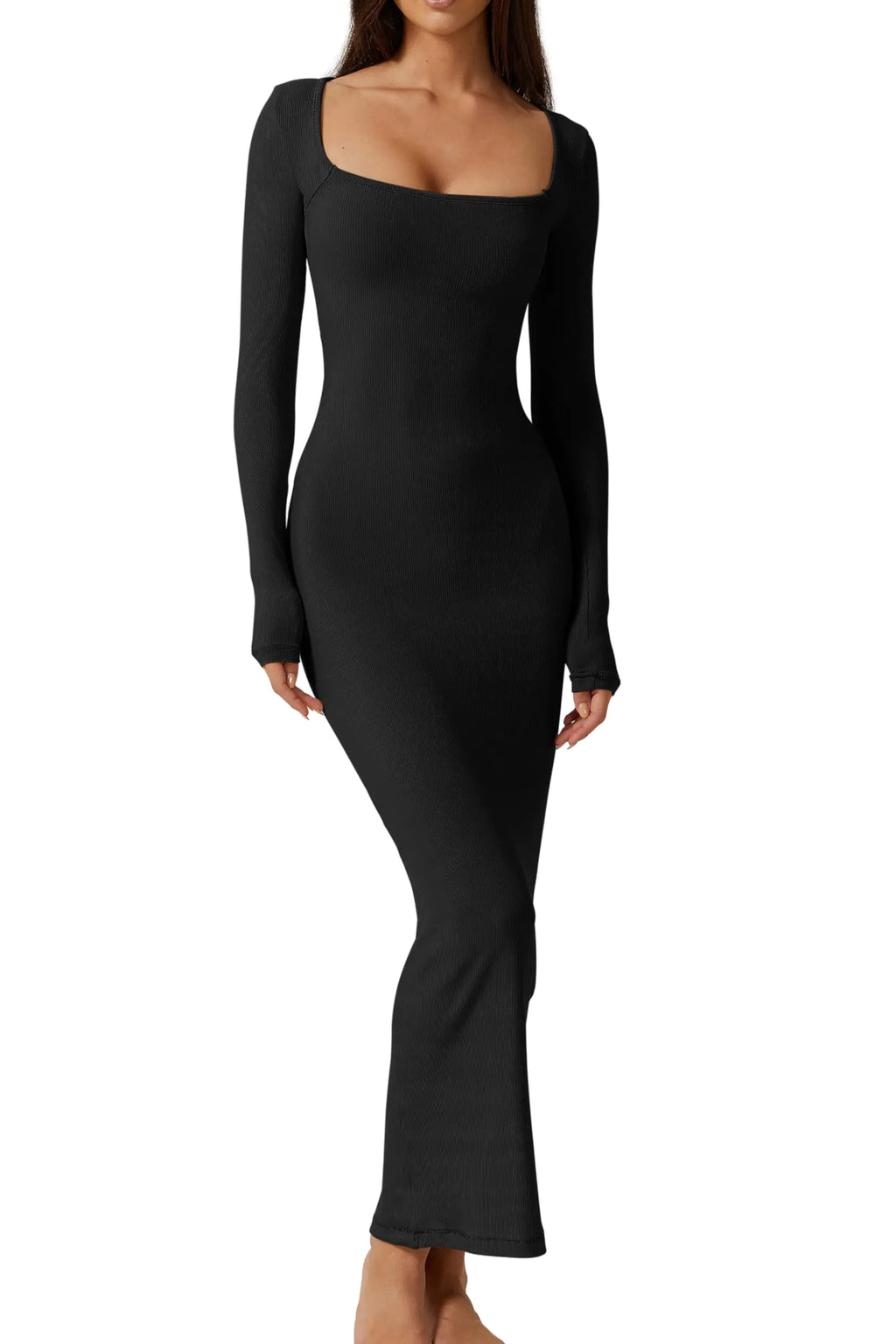 QINSEN Vestidos largos para mujer Vestido maxi ajustado sexy de manga larga con cuello cuadrado Negro M