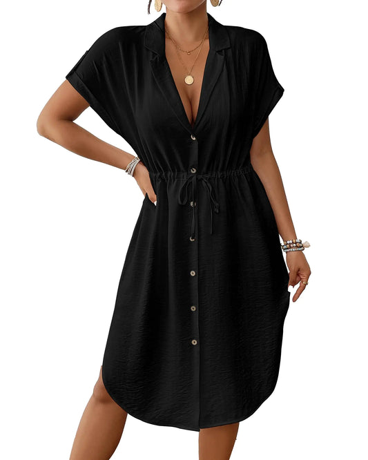 Bsubseach Women 2025 Swimsuit Coverup Button Bathing Suit Cover Ups Short Sleeve Shirt Cover Up Dress Beach Dress Black XL