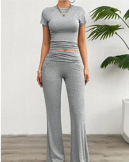 Solid Color Slim Fit Short Sleeve Trousers Suit