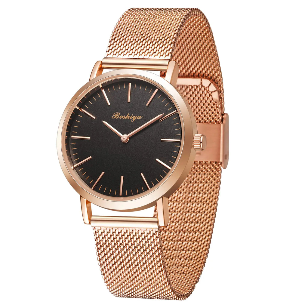 BOSHIYA Reloj de pulsera de acero inoxidable para mujer, correa de malla de oro rosa, elegante reloj de pulsera de malla para mujer, resistente al agua, con esfera con escala de tiempo romana.