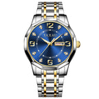 Taxau Watches for Men Blue Face Men Stainless Steel Watch with Day Date Mens Two Tone Watches Diamond Luminous Waterproof Men Dress Watch Arabic Numeral Easy Read Quartz Men Watch