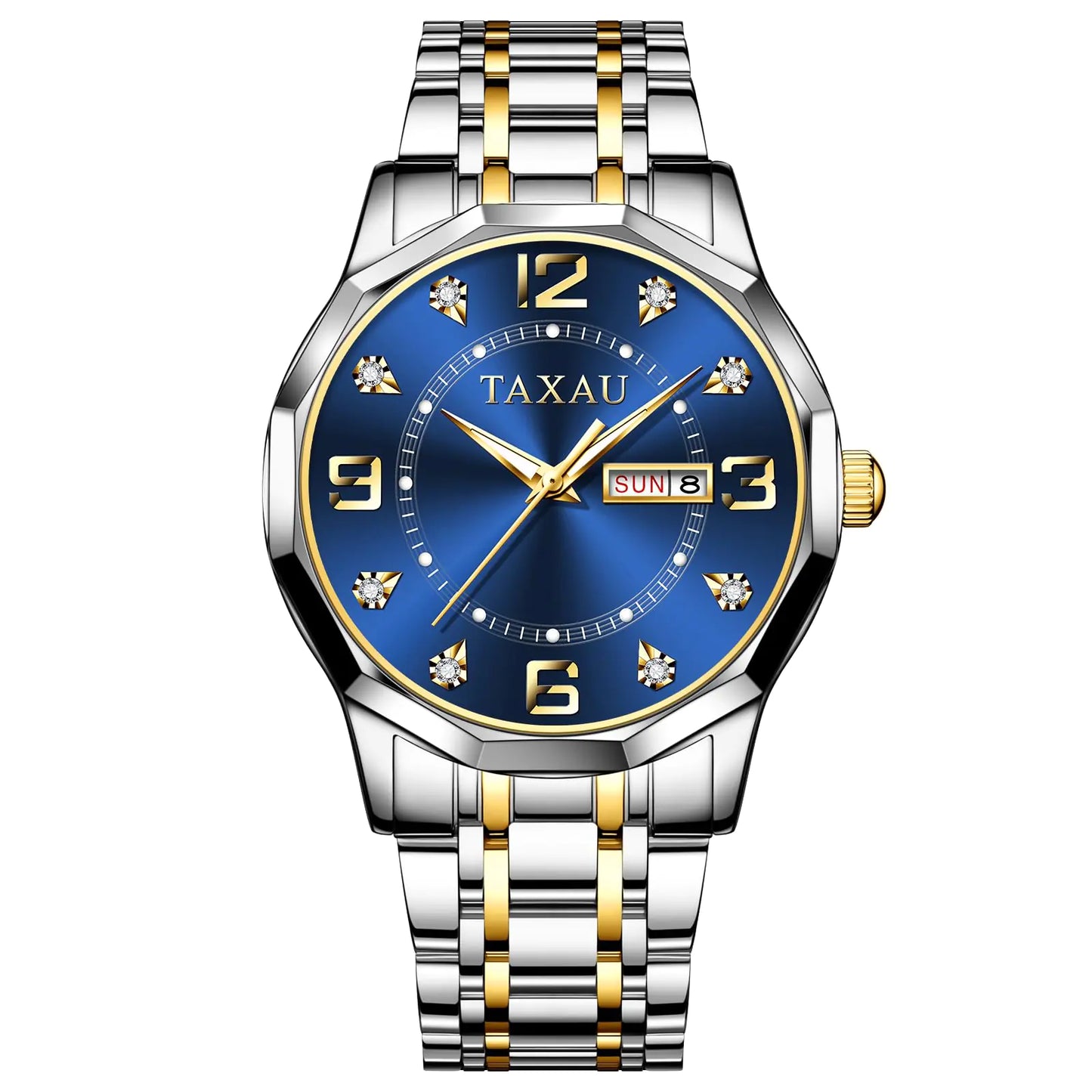 Taxau Watches for Men Blue Face Men Stainless Steel Watch with Day Date Mens Two Tone Watches Diamond Luminous Waterproof Men Dress Watch Arabic Numeral Easy Read Quartz Men Watch