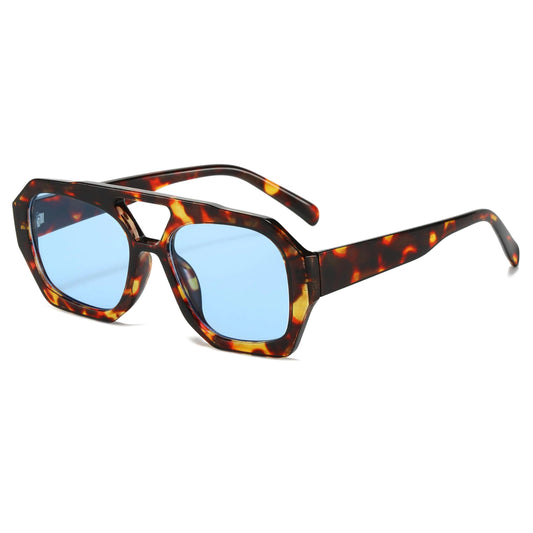 Mirkcittle - Gafas de sol cuadradas de estilo aviador para hombre y mujer, montura hexagonal gruesa, doble puente, estilo diseñador (lentes carey/azules)