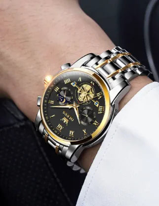 Men's Luminous Multifunctional Waterproof Quartz Watch with Stainless Steel Band