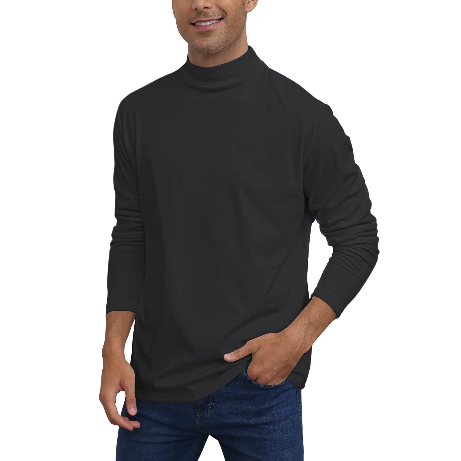 Herren Casual Mock Rollkragen T-Shirts Langarm Thermo Stretch Pullover Basic Leichtes Unterhemd Pullover Tops Schwarz