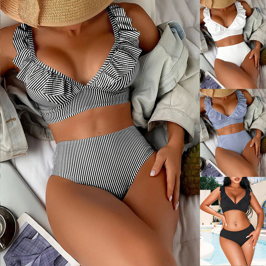 High-Waisted Women's Striped Bikini with Ruffle Straps