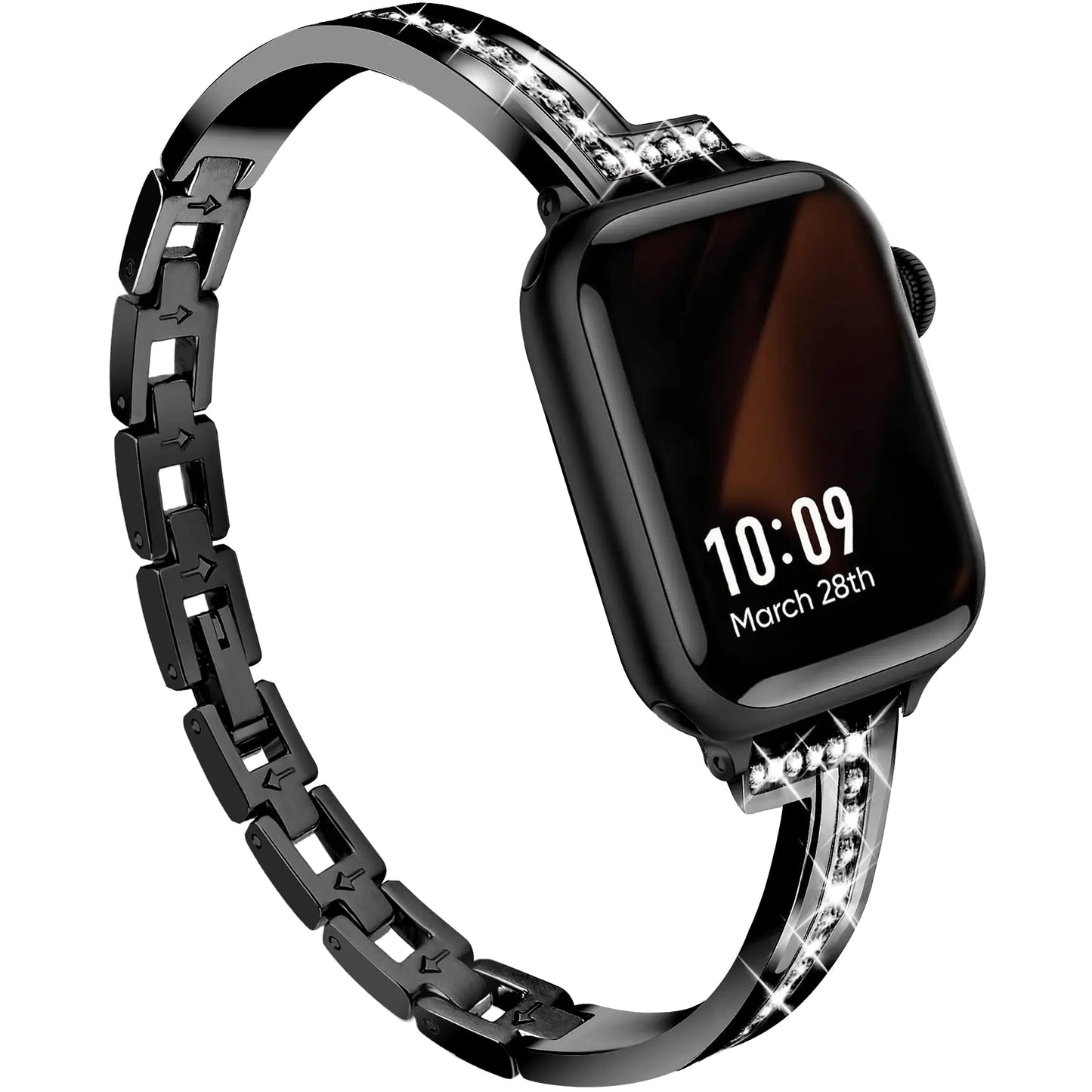 Newlibery Slim Black Watch Band Women Compatible with Apple Watch 42mm(S3/2/1) 44mm 45mm 46mm 49mm Adjustable Diamond Jewelry Metal Femine Strap for iWatch Series 10/9/8/7/6/5/4/3/2/1/SE/Ultra