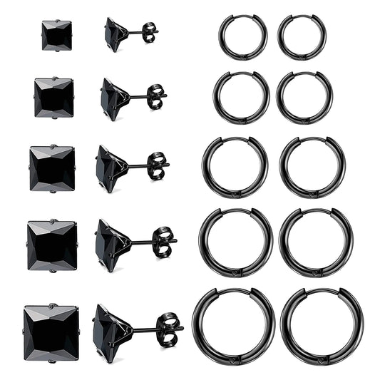 ALEXCRAFT 10 Pairs Black Earrings for Men Black Stud Earrings Set Small Black Hoops Earrings