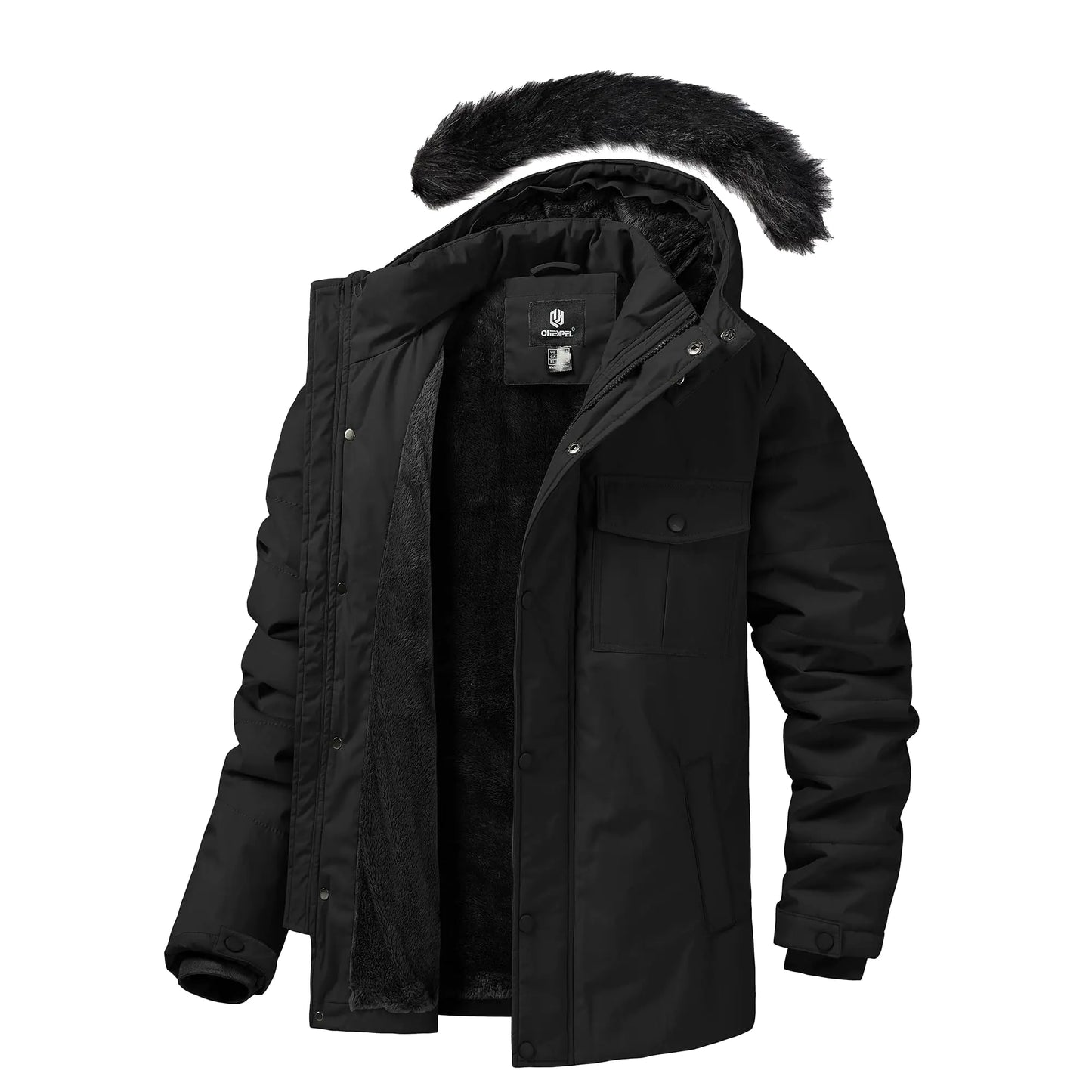 CHEXPEL Mens Winter Jacket Puffy Parka Jacket with Fur Hood Waterproof & Windproof Long Winter Coat Fleece Lined Men Jacket