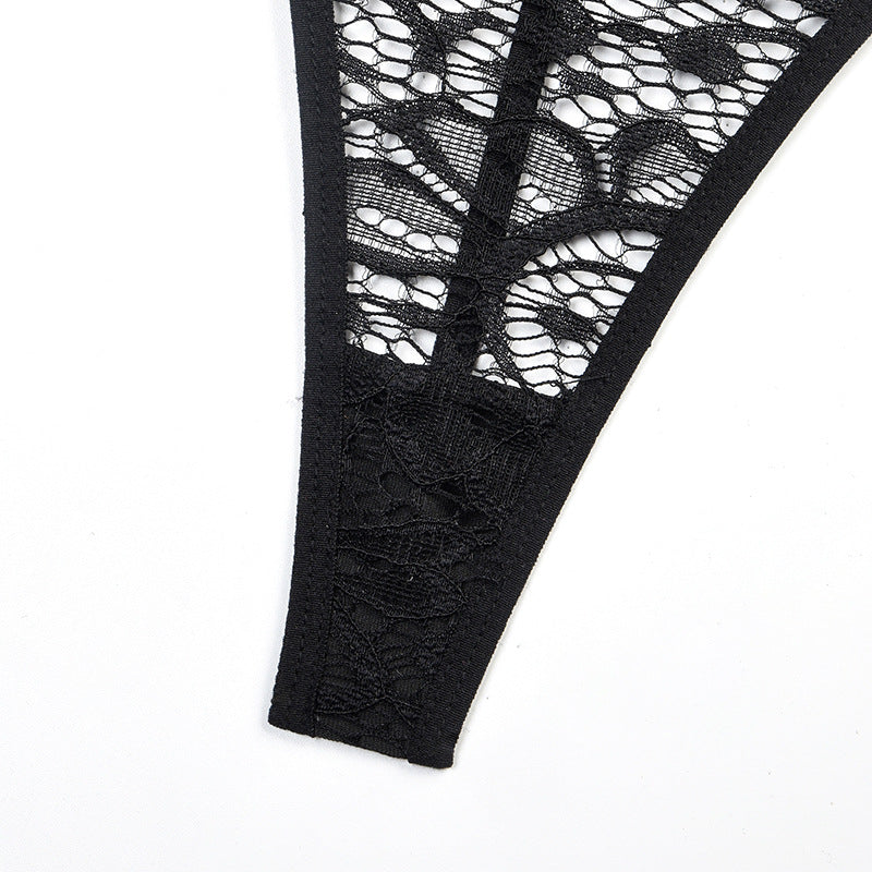 Lace Bodysuit with Multi-Strap Chest Ring and Hollow Design Crotch Details