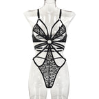 Lace Bodysuit with Multi-Strap Chest Ring and Hollow Design Front View
