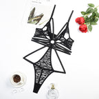 Lace Bodysuit with Multi-Strap Chest Ring and Hollow Design Over View