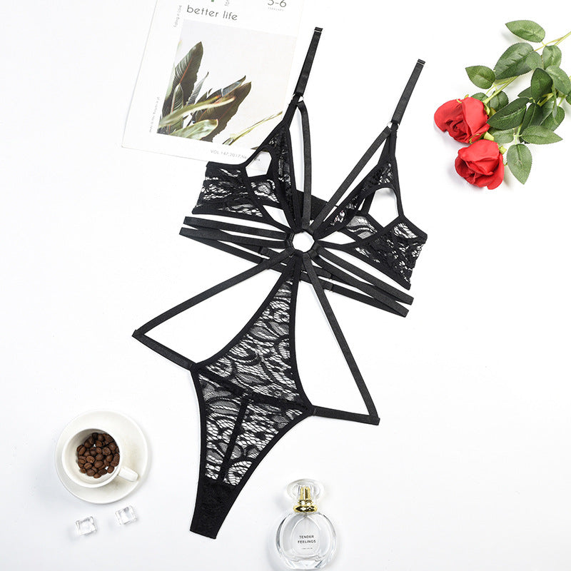 Lace Bodysuit with Multi-Strap Chest Ring and Hollow Design Over View