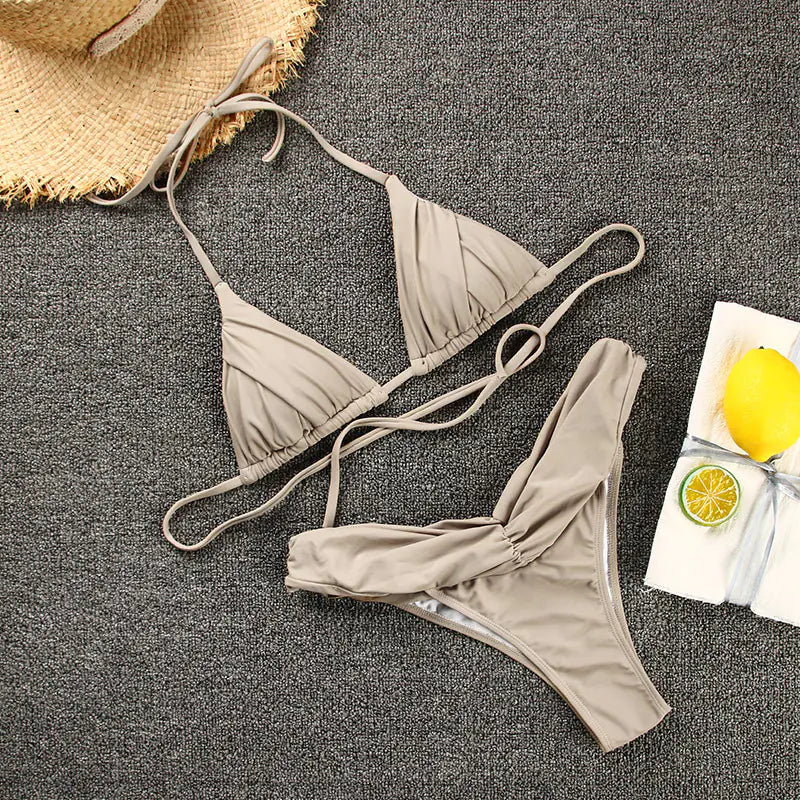 Women's Solid Color Ruffled Bikini Swimsuit Set