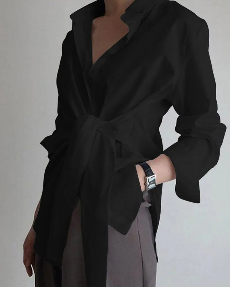 Women Loose Tie Long Sleeve Casual Shirt