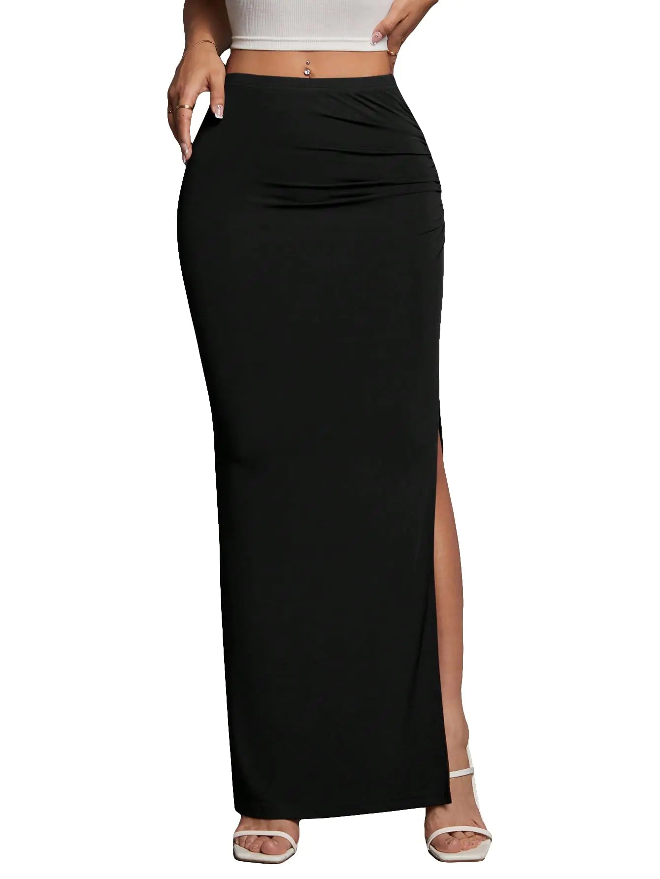 BEAUDRM Womens High Waist Maxi Skirt Ruched Side Split Thigh Elegant Bodycon Long Skirts Black XS