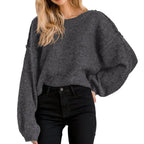 Jumppmile Damen Kurzer Pullover Rundhalsausschnitt Herbst Langarm Übergroß Lässig Locker Strickpullover Tops Grau S