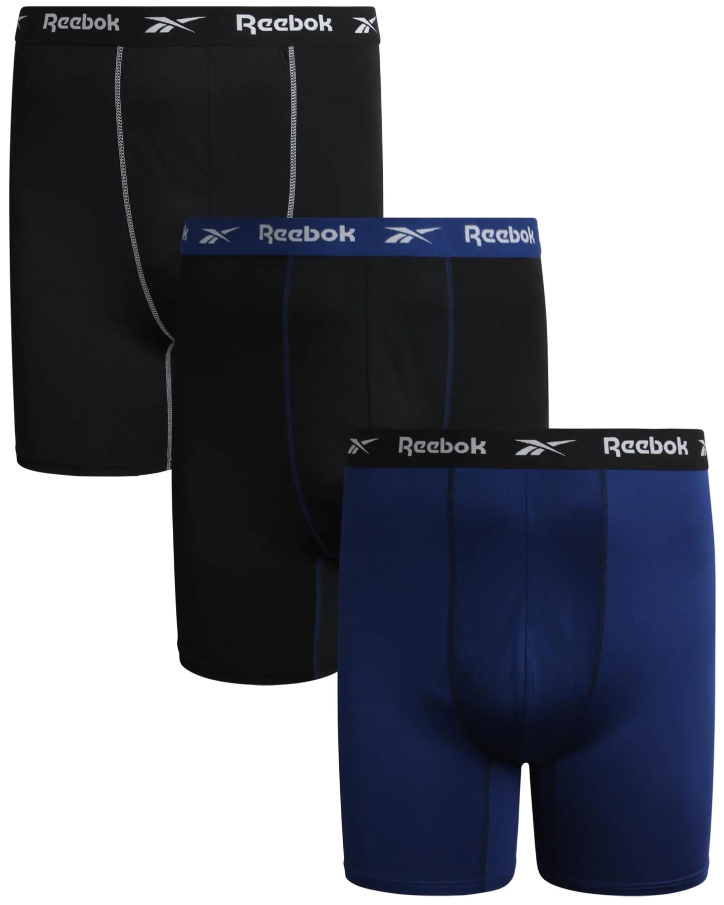 Reebok Mens Boxer Briefs - 3 Pack Long Leg Performance Boxers for Men - Big and Tall Mens Underwear Pack (S-XL) Size XX-Large Black/Black/Blue Depths