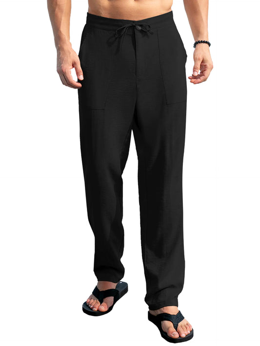 SEVEGO - Pantalones casuales de lino para hombre, cintura elástica, cordón ajustable, pierna recta, holgados, para playa, verano, color negro, talla XXL