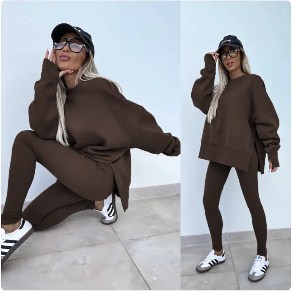 Women's Casual Sweater Set with Split Top and Tight Trousers