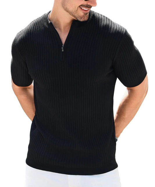 KAVIANA Mens Polo Shirts Short Sleeve Quarter Zipper Ribbed Knit Slim Fit Golf T Shirt Casual Fashion Black