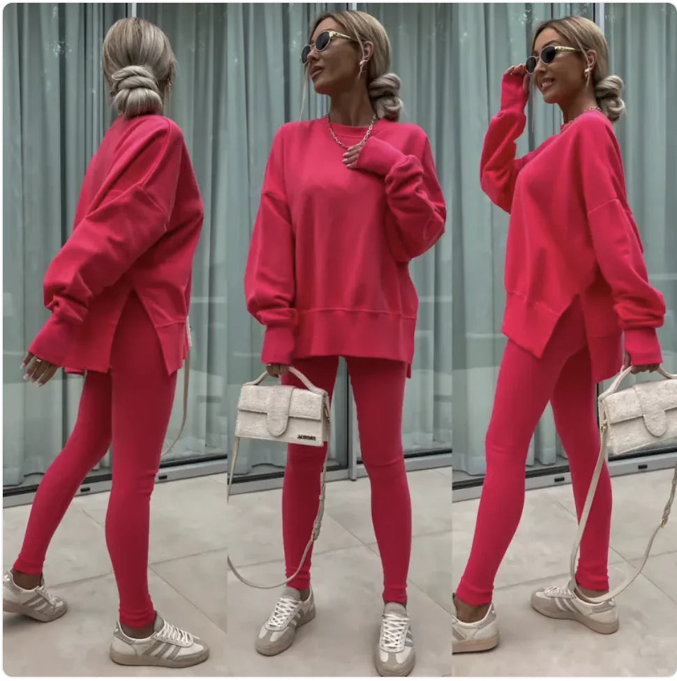 Women's Casual Sweater Set with Split Top and Tight Trousers