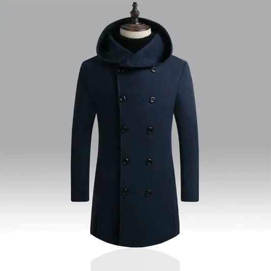 Men's Padded Hooded Mid-Length Woolen Trench Coat