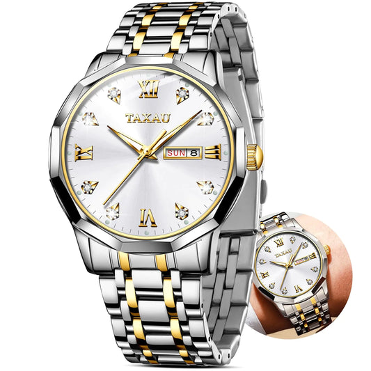 Taxau Gold Sliver Classic Watches White Dial Men Analog Quartz Watches Men Stainless Steel Strap Watches Mens Date Watches Diamond Watches Mens Waterproof Watch Relojes para Hombre Roman Numerals