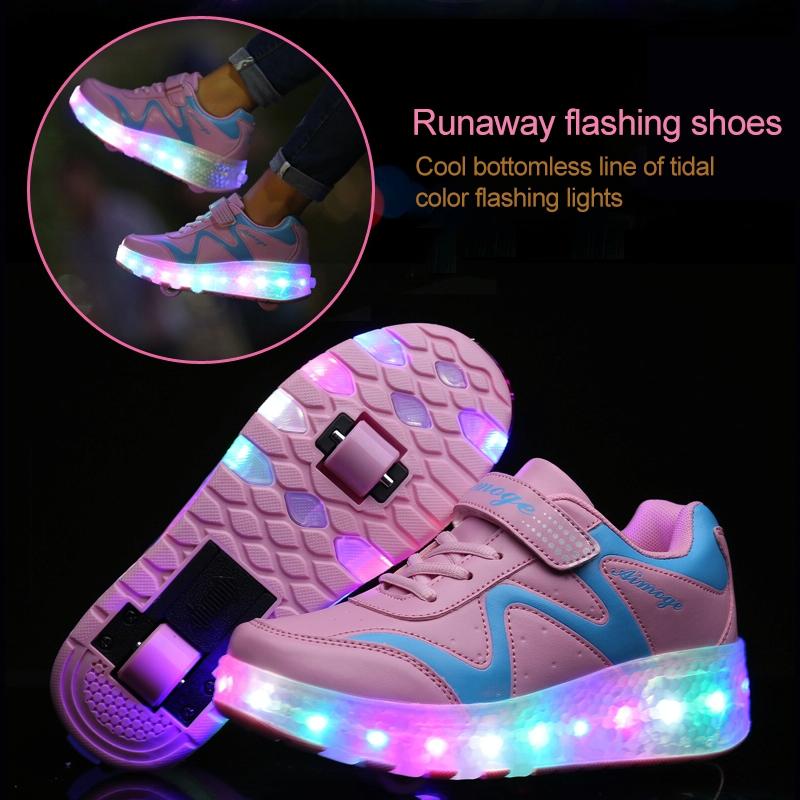 NNEIDS Rechargeable Double Wheel Roller Skating Shoes - Pink Size 37