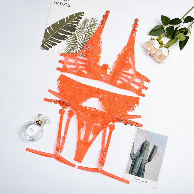 Orange Radiant Gemstone Mesh Bra & Panty Set with Garter Over View