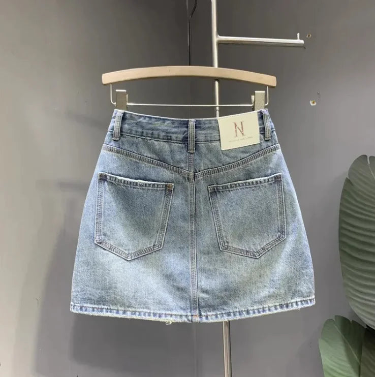 Classic Washed Denim A-Line Skirt – Elegant & Versatile