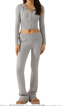 Women's High-Waist Knit Hooded Set: Fashionable Long-Sleeve Top & Trousers